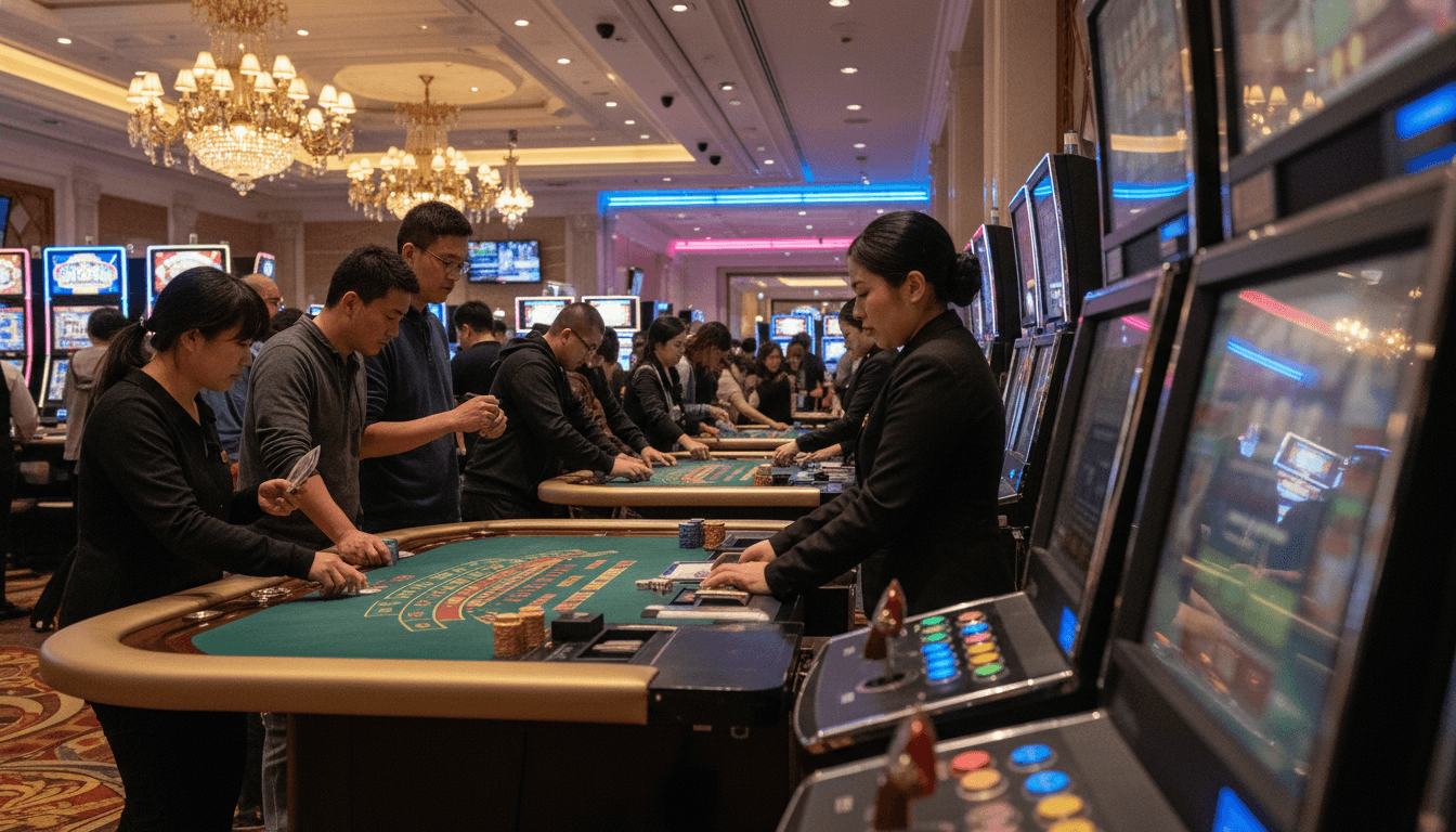 A bustling casino floor in Macau with numerous slot machines and gaming tables, focusing on the vibrant atmosphere of Macau gaming stocks.