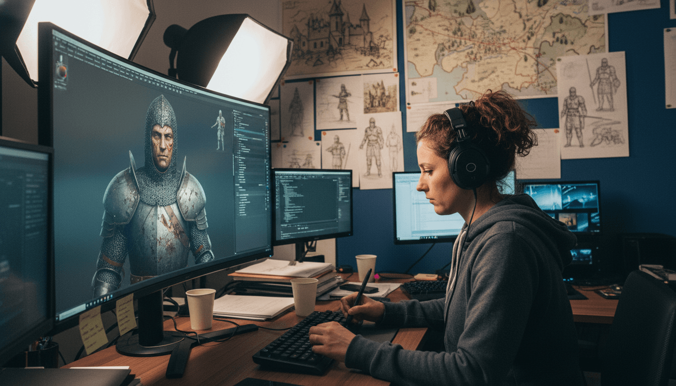 A developer at Warhorse Studios intently working on a Kingdom Come: Deliverance 2 character model on a large monitor, surrounded by concept art for the game, demonstrating focused development.