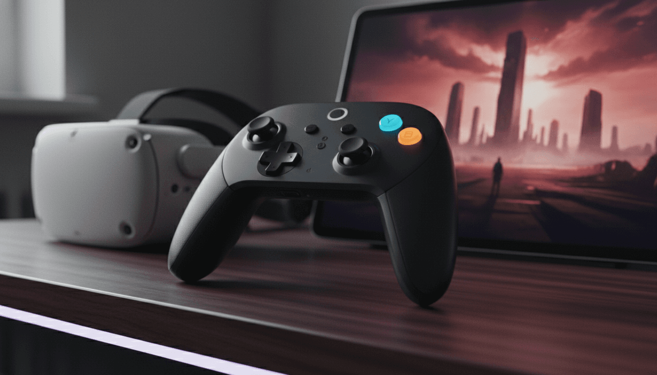 A high-end VR headset resting on a desk next to a game controller, symbolizing the premium VR market challenging landscape.