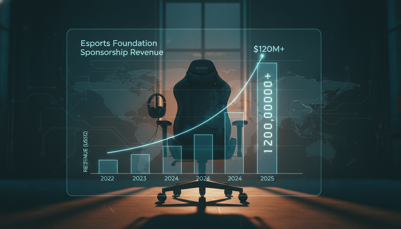A detailed graphic displaying the Esports Foundation sponsorship revenue growth over time, with a focus on the 2025 figure of $120 million.