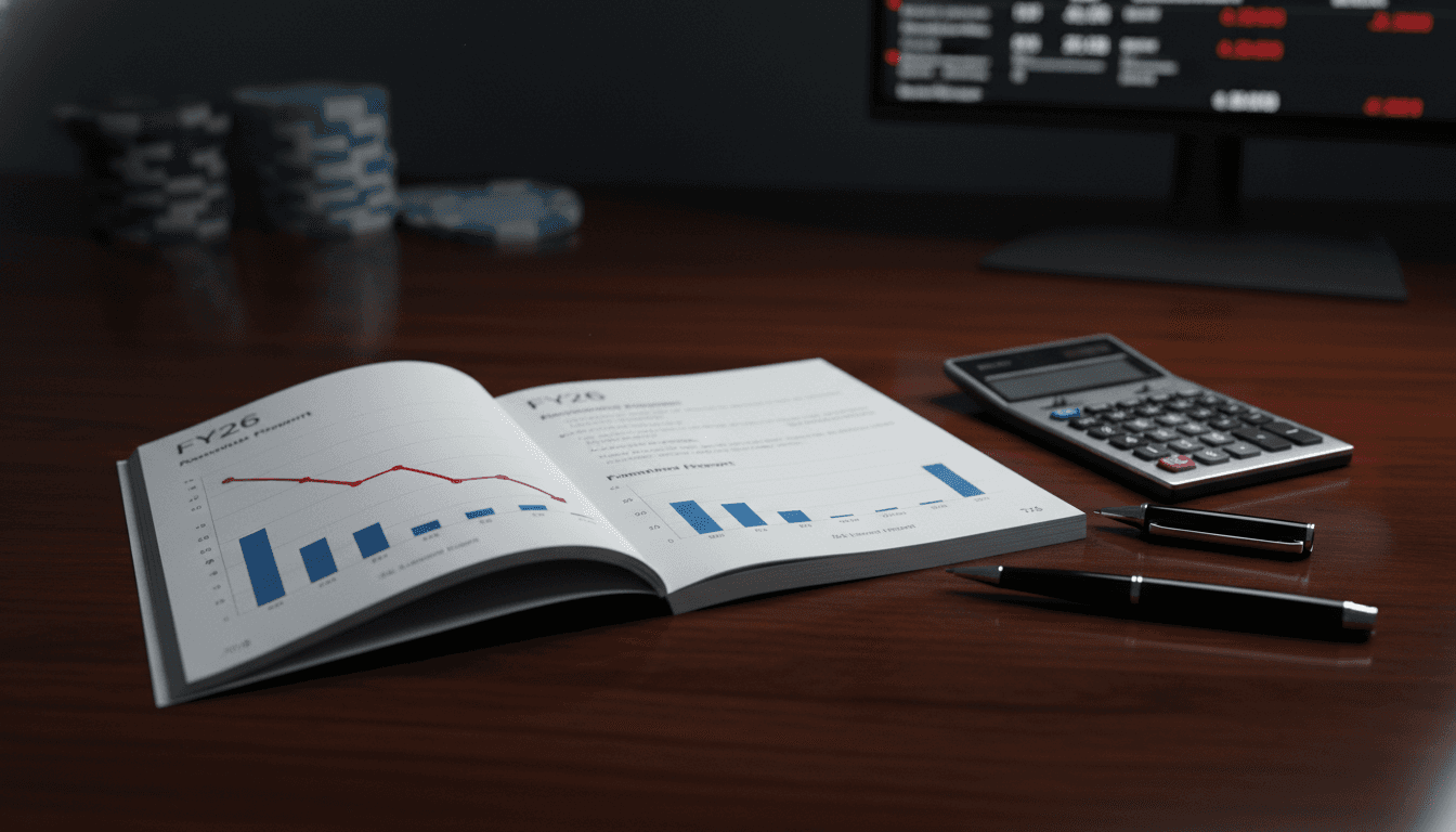 A detailed close-up of a corporate annual report for Delta Corp, open to a page displaying financial charts and figures, with a calculator and a pen resting on top, emphasizing the Delta Corp Q4 profit plunges.