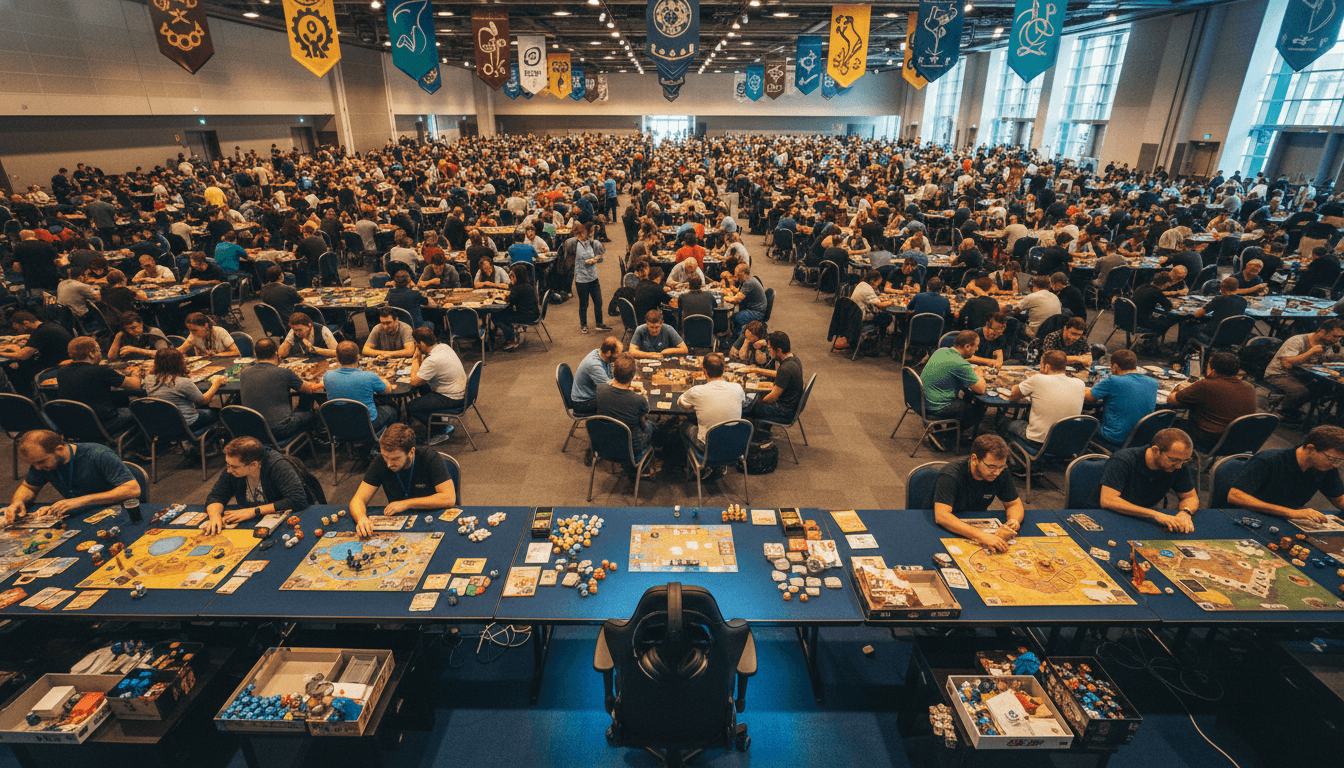 An aerial view of a bustling convention floor with numerous tables set up for various face-to-face gaming sessions, highlighting Board raises $20 million for this sector.