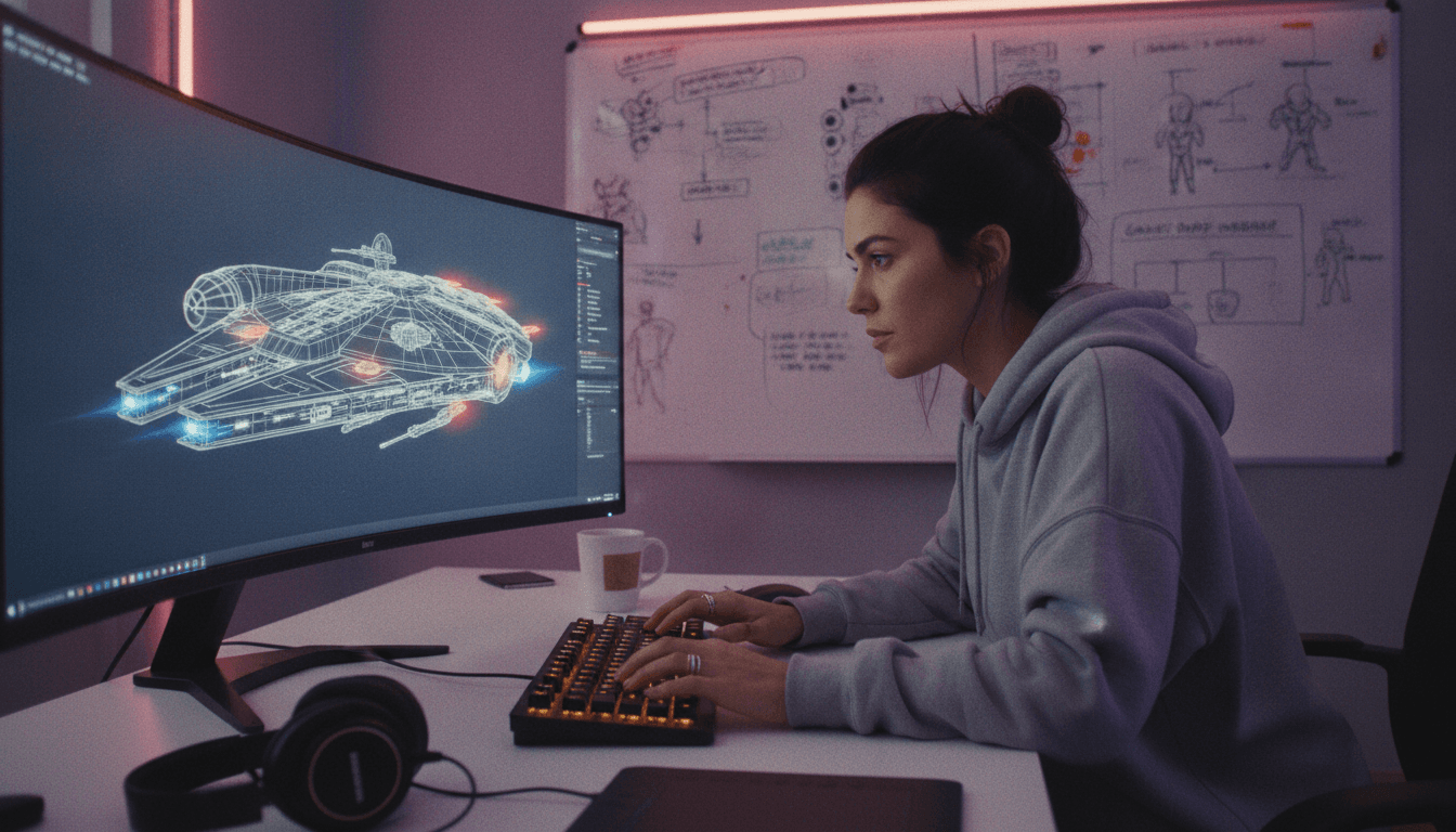 A developer at a monitor, reviewing concept art and code for Star Wars Eclipse development, with a Star Wars logo subtly in the background.