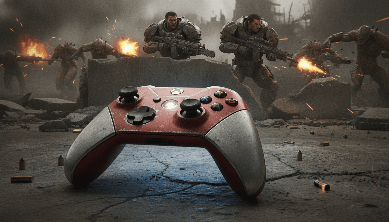 A dramatic scene from Gears of War: E-Day showing Marcus Fenix and Dominic Santiago in battle armor, armed with Lancer assault rifles, fighting against swarms of Locust creatures amidst the ruins of a city, highlighting the Gears of War: E-Day release date.