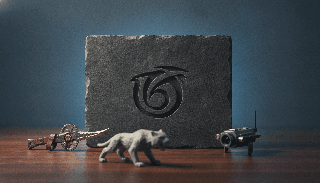 A meticulously arranged still life featuring a stylized Ubisoft logo prominently displayed on a sleek, dark grey stone tablet. Surrounding it are miniature, intricately detailed models of iconic Ubisoft game elements: a small, weathered 'Assassin's Creed' hidden blade, a miniature 'Rainbow Six Siege' tactical gadget, and a tiny 'Far Cry' animal figurine. These objects are carefully placed on a polished, dark wooden surface, with a subtle, soft light highlighting their textures and forms, suggesting precision and strategic thought.