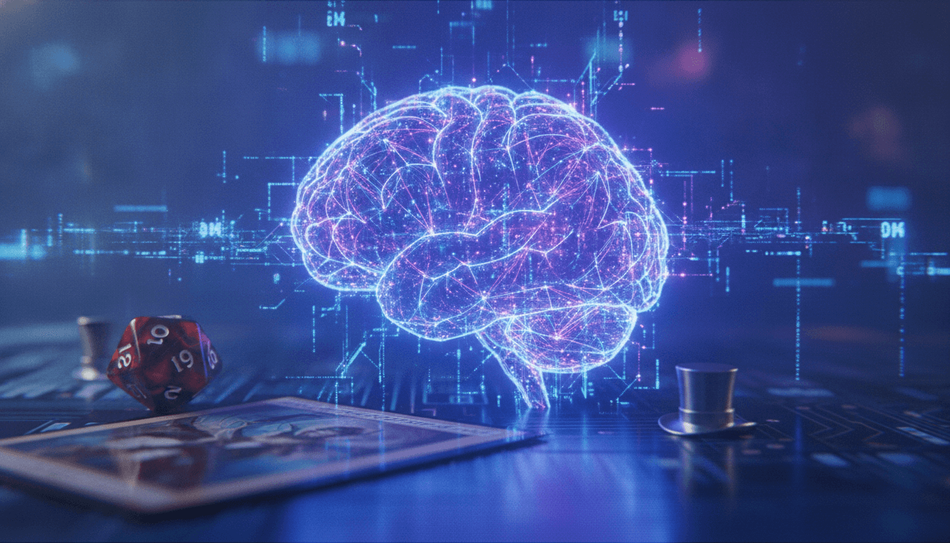 A stylized, glowing digital brain representing artificial intelligence, connected by neural pathways to a collection of iconic Hasbro game pieces and toys, visually depicting the integration of AI into Hasbro's diverse portfolio, highlighting the Hasbro stock undervaluation story.