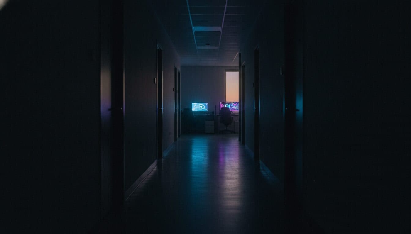 A dimly lit, empty corporate office hallway, reflecting the quiet aftermath of a major decision about the EA sale to Saudi Arabia sparks controversy, with a faint glow from a distant screen.