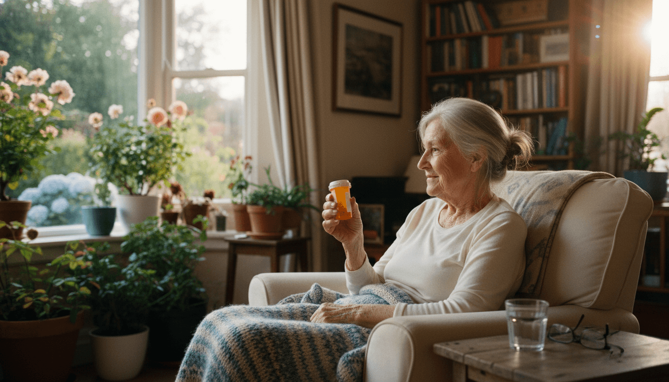 A serene, sunlit scene depicting an older patient comfortably at home, holding a small pill bottle, symbolizing the convenience of oral AML therapy.