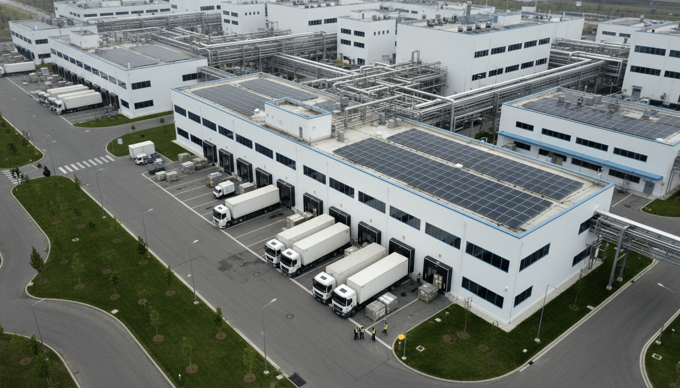 An aerial view of a large, modern pharmaceutical manufacturing facility where drugmakers continue COVID vaccine profits, with delivery trucks awaiting vaccine shipments.