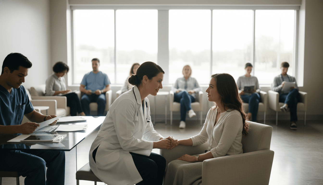 A doctor discusses new treatment options for platinum-resistant ovarian cancer with a patient in a modern clinic setting.