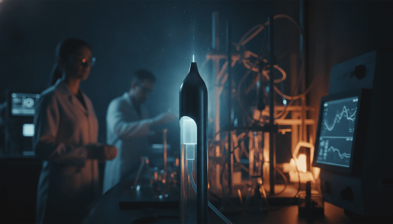 A close-up, sterile laboratory setting with a glowing blue micro fluid jet device, symbolizing the advanced needle-free universal vaccine delivery system, with soft, diffused lighting.