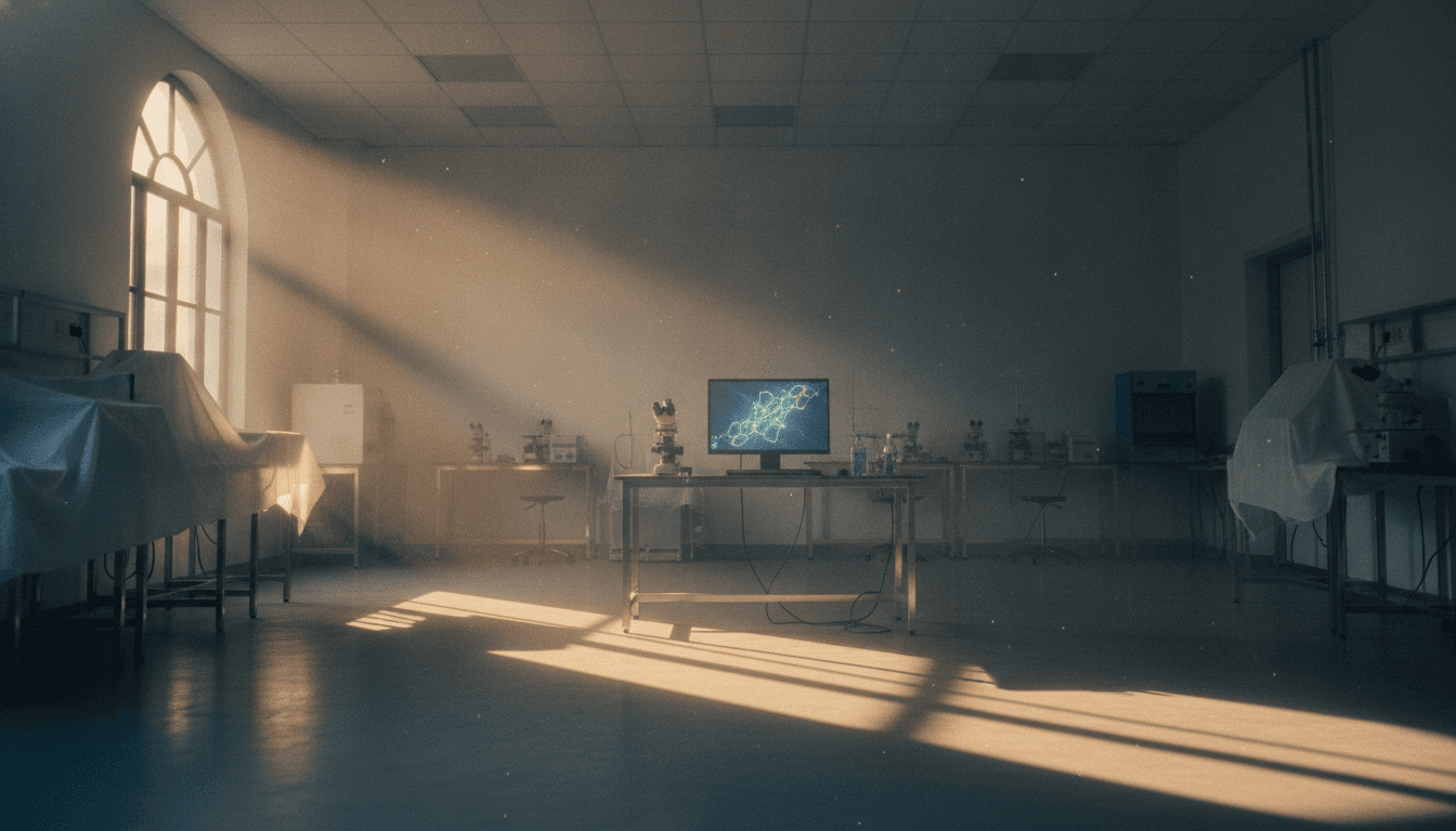 A solitary research laboratory bathed in the dim light of dawn, with an empty workbench and a single microscope, symbolizing the quiet, persistent work behind the mRNA cancer vaccines advance.