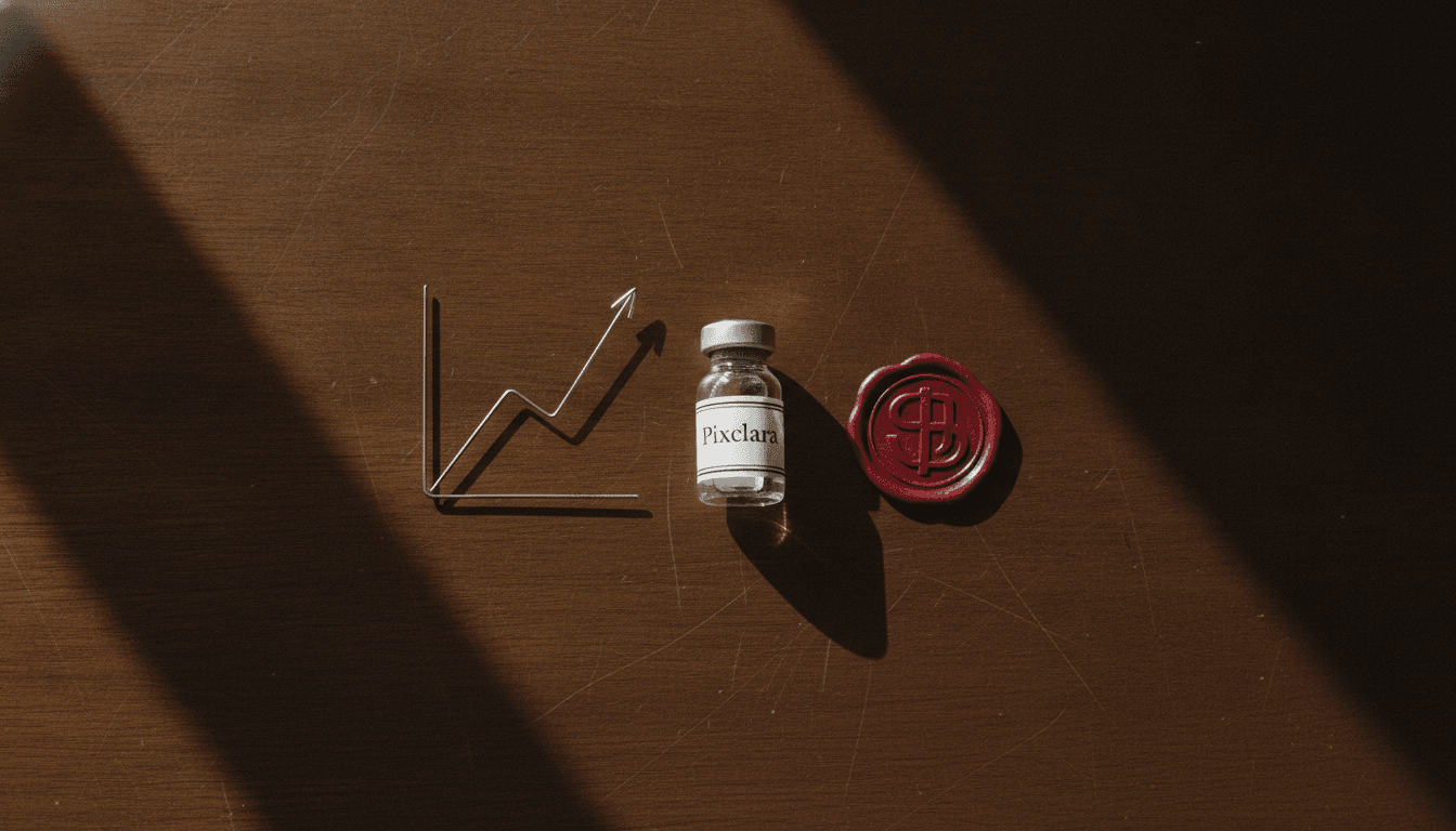 A detailed still life composition featuring a vial labeled 'Pixclara' prominently displayed next to a miniature stock chart showing an upward trend, with a miniature FDA approval stamp nearby, symbolizing Telix Pharmaceuticals Rallies.