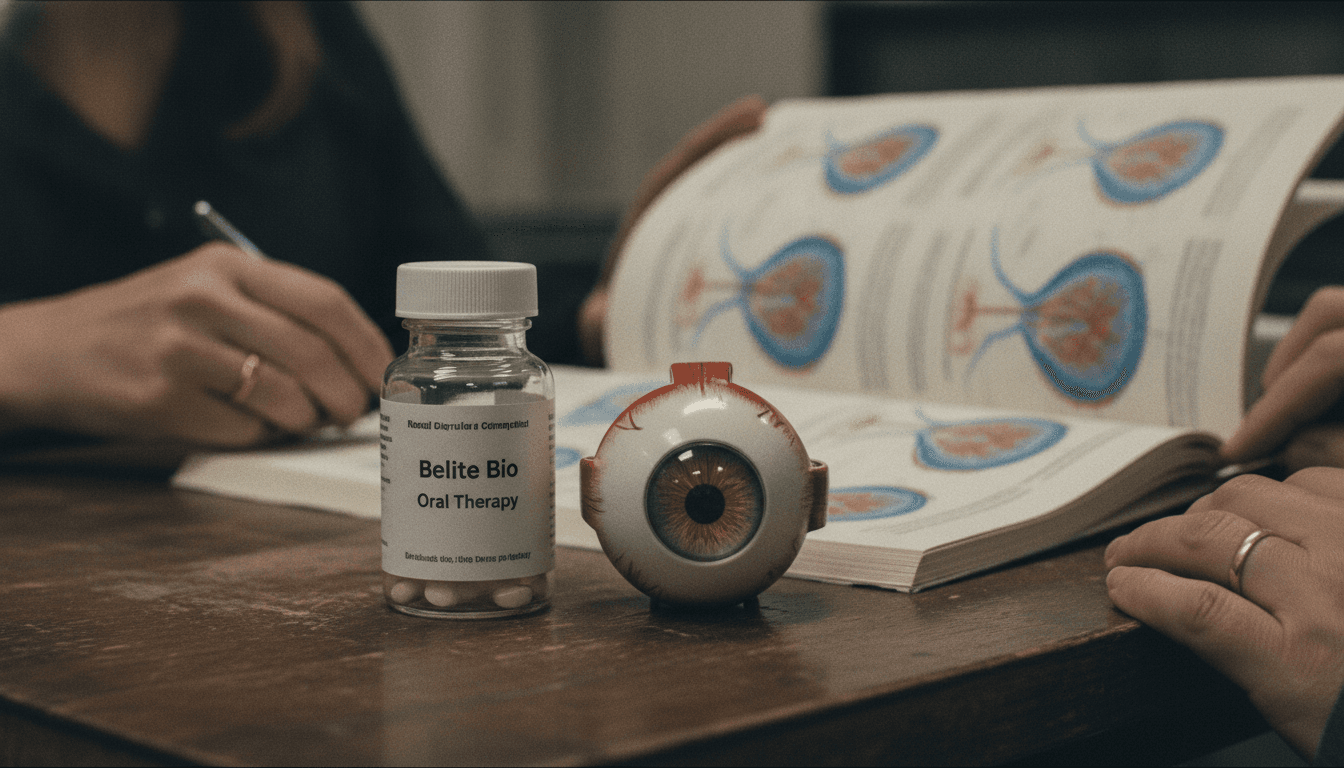 A close-up shot of a white pill bottle labeled 'Belite Bio Oral Therapy' on a polished wooden surface, next to a detailed anatomical model of a human eye, emphasizing the retina. A partially open medical journal titled 'Ophthalmology Advances' lies nearby, with a pen resting on it. The scene suggests a blend of pharmaceutical innovation and medical research related to eye health.