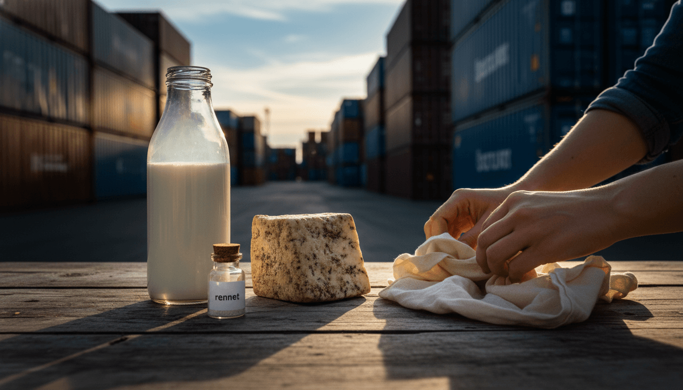A curated still life showcasing elements of the cheesemaking process, including fresh milk in a glass bottle, a small block of artisan cheese, rennet, and a cheesecloth on a rustic wooden board.