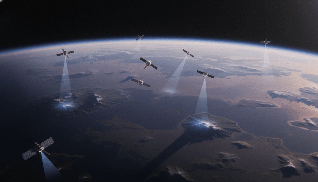 A LEO satellite in orbit, with phased array antennas emitting narrow beams towards Earth, illustrating direct-to-cell technology connecting legacy devices.