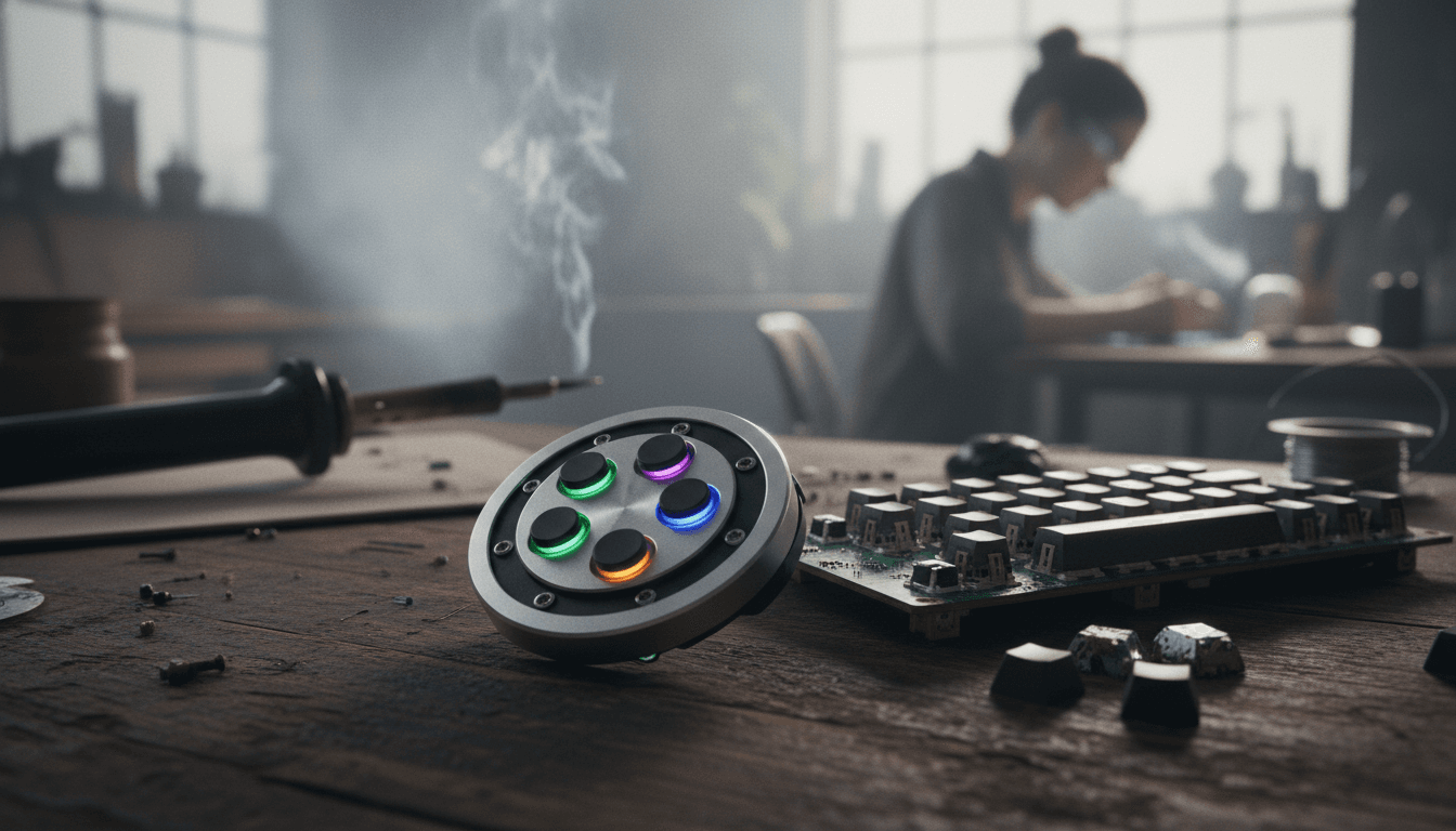 Close-up of the new EMF Spaceagon badge with its integrated joystick, compass, and touch-sensitive areas, showcasing its familiar yet enhanced design.