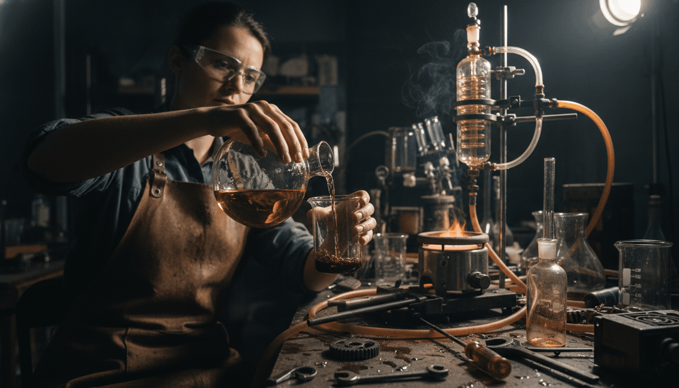 A glass flask pouring the resulting distillate for testing after distilling stale gasoline, with a clear liquid flowing into a beaker.