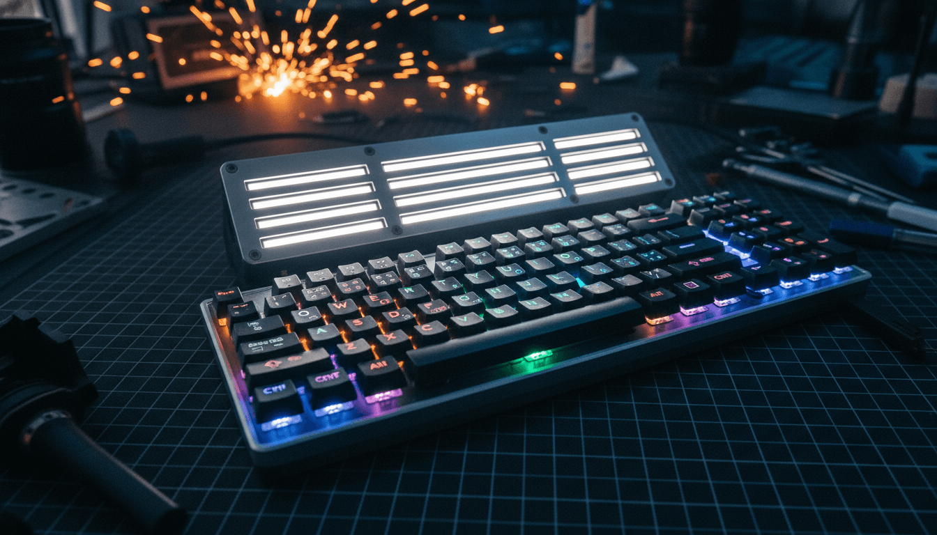 Close-up of a Hackaday Communicator Badge featuring a vibrant RGB keyboard upgrade with illuminated custom keys and a sleek new front panel.