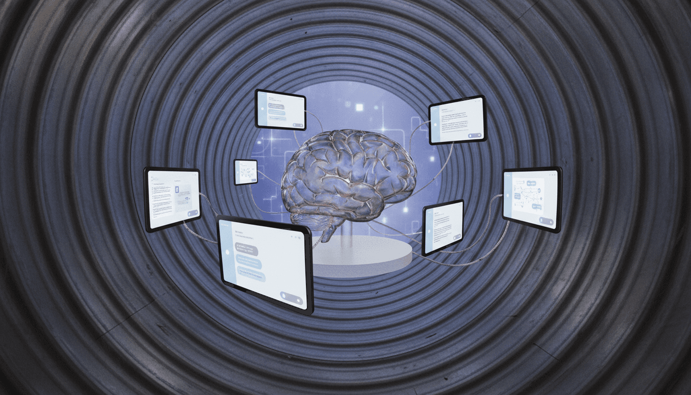 A human brain depicted as a network of glowing nodes, with several digital chatbot interfaces subtly overlaid, suggesting the pervasive influence of AI chatbots.