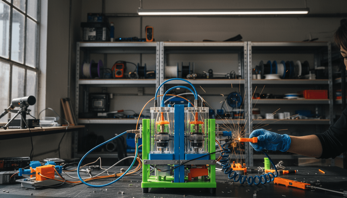 A close-up, street-level candid shot of a functional 3D-printed cryocooler prototype, showing clear acrylic tubes, a piston, and connecting hoses, with subtle magnetic components visible. The device is on a workbench in a workshop setting, with tools and other components blurred in the background, emphasizing the DIY nature of the 3D-printed cryocooler.