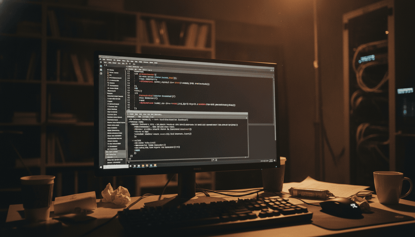 A developer's monitor displaying lines of C code with compiler flags, symbolizing the effort to shrink C executables.
