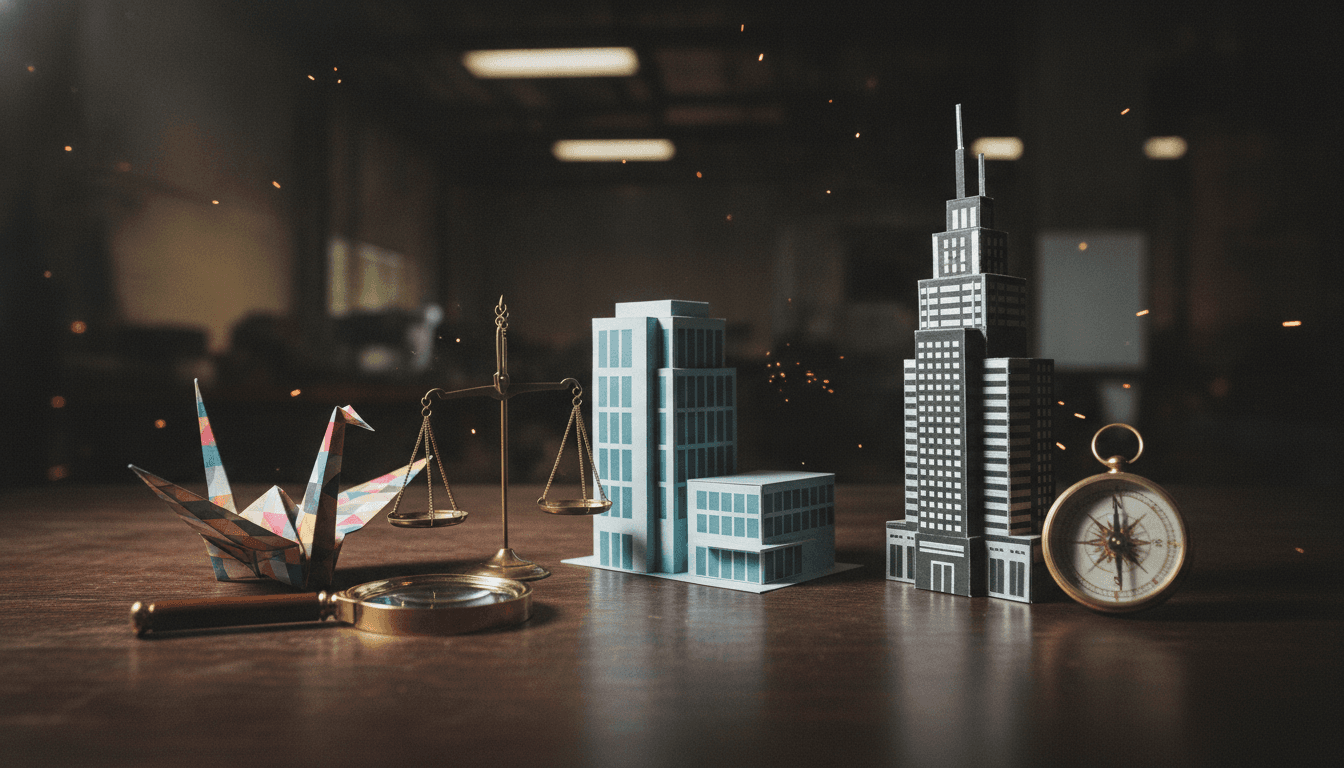 A stylized graphic representing different company sizes (small startup icon, medium-sized building, large corporate skyscraper) with arrows indicating career growth paths, emphasizing optimal company size.