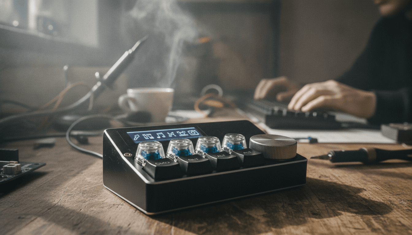A stylish homebrew macropad project with an OLED screen and rotary encoder, illuminated on a desk.