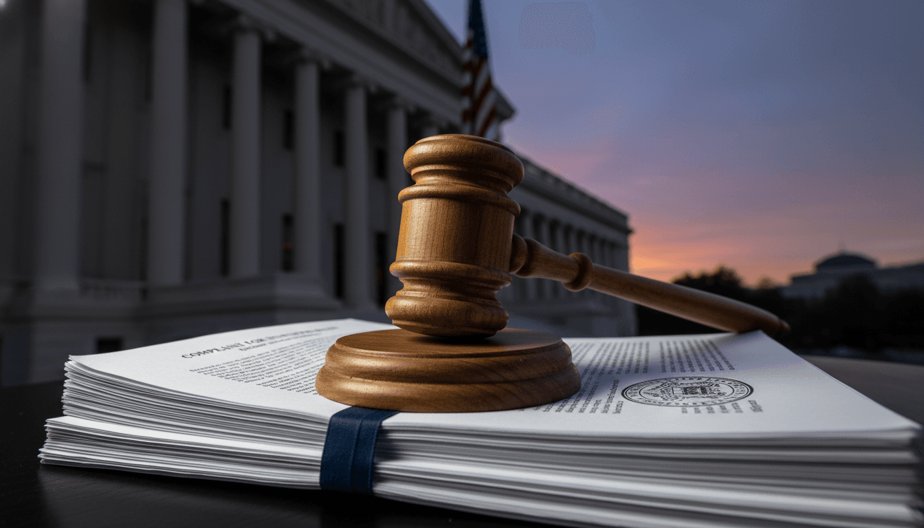 A close-up image of a gavel resting on a stack of legal documents, with a blurred American flag in the background, symbolizing the ongoing legal and political battle over the DOJ 'lawfare' fund.