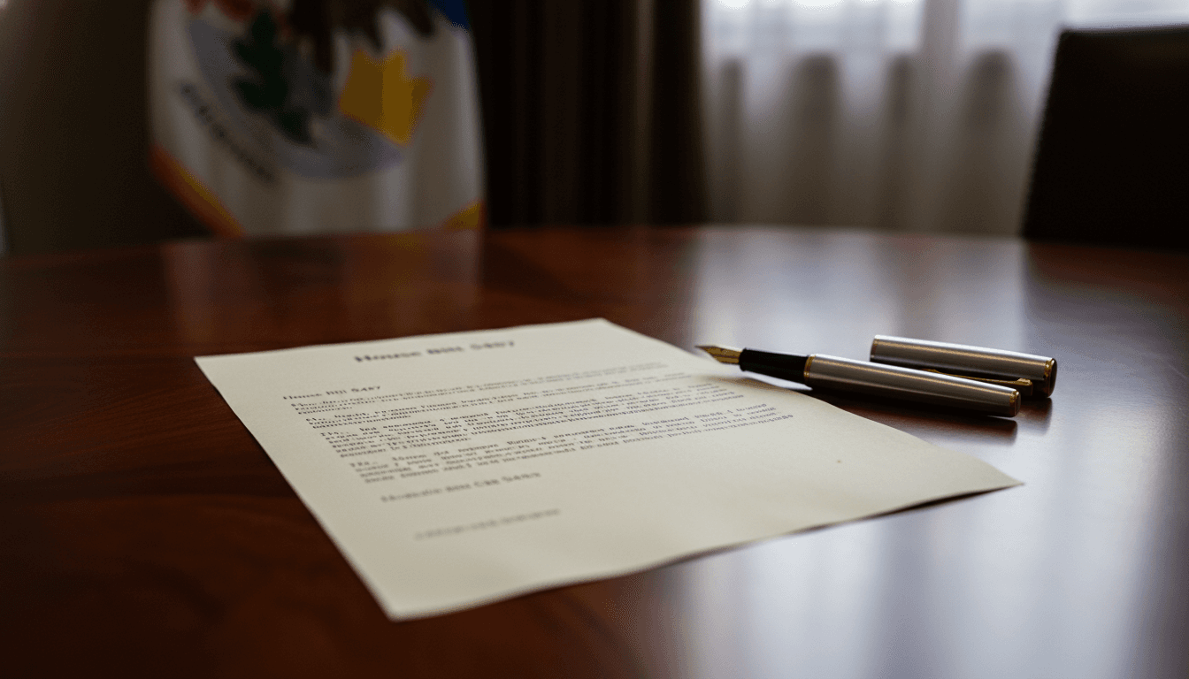 A legislative bill document titled 'House Bill 5487' with the Illinois state flag subtly in the background, signifying the state's efforts in limiting investor influence on law firms.