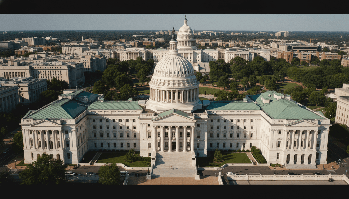 An aerial view of the Russell Senate Office Building on Capitol Hill, where the Cantwell-Cruz college sports reform bill hearing takes place, with the Capitol dome visible in the background, symbolizing legislative action.