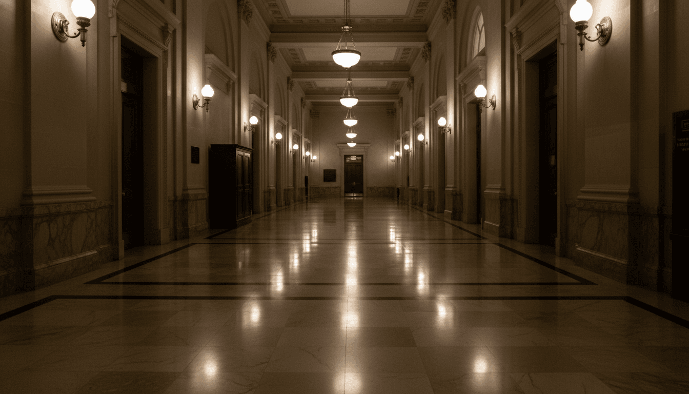 A dimly lit, empty legislative chamber after hours, conveying the quiet gravity of the Dooley scandal investigation demand.