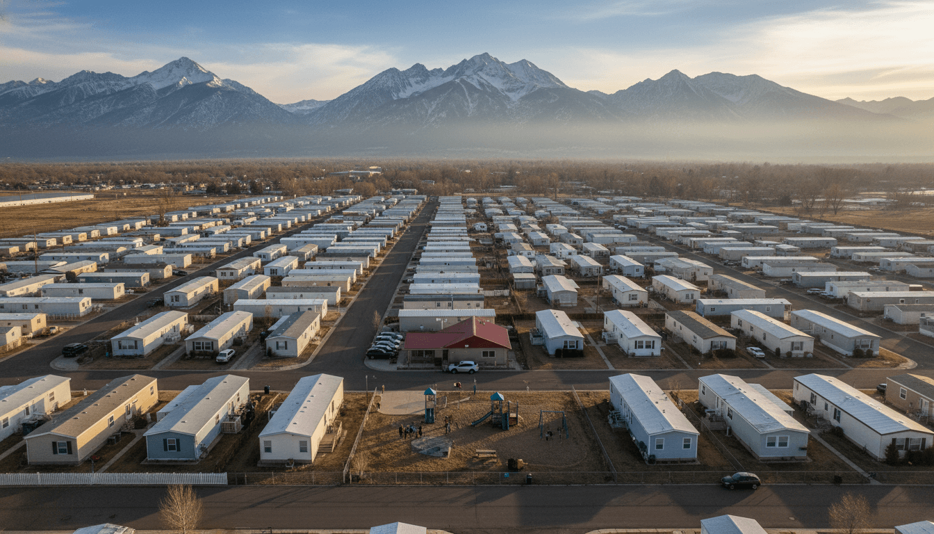 An aerial view of a Colorado mobile home park, showing the layout of homes and communal spaces, illustrating the impact of mobile home park protections.