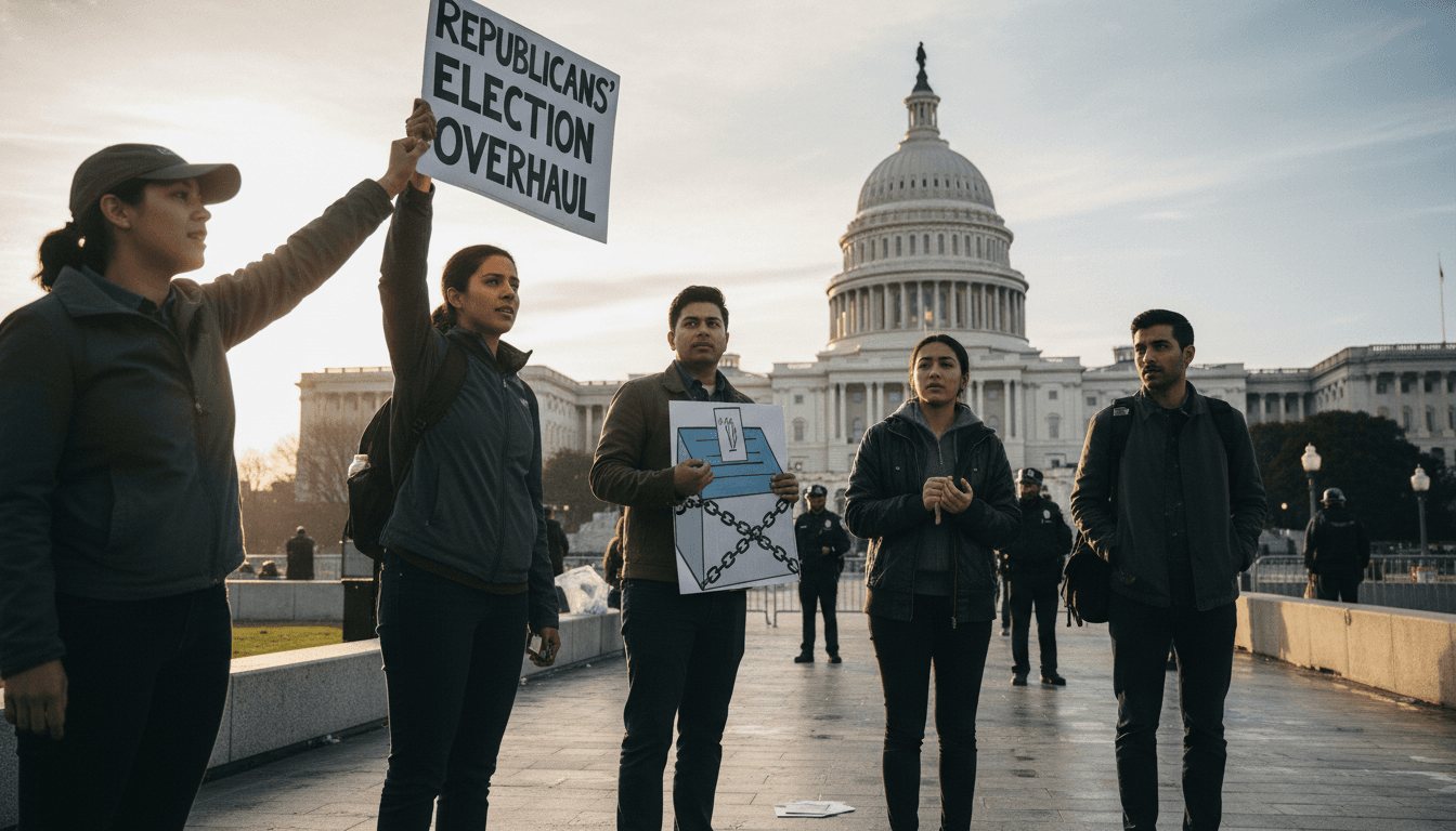 A wide shot of the US Capitol building with a 'Republicans' election overhaul' protest sign visible in the foreground.