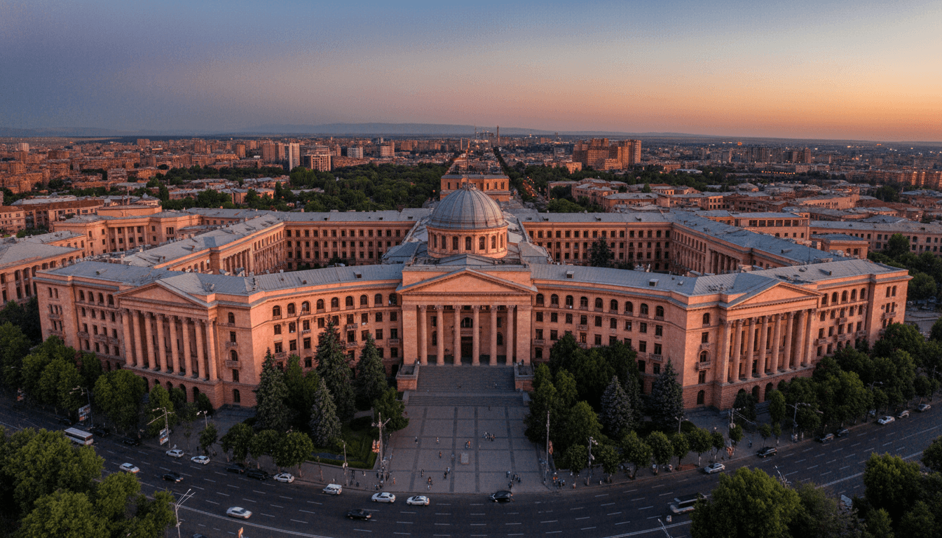 An aerial view of the Armenian Parliament building in Yerevan, indicating the central location of Armenia faces critical elections decisions.