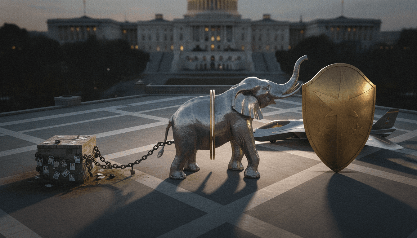 A divided Republican elephant, one half pulling towards a ballot box with restrictive chains, the other towards a gleaming military jet, symbolizing the Republicans split.