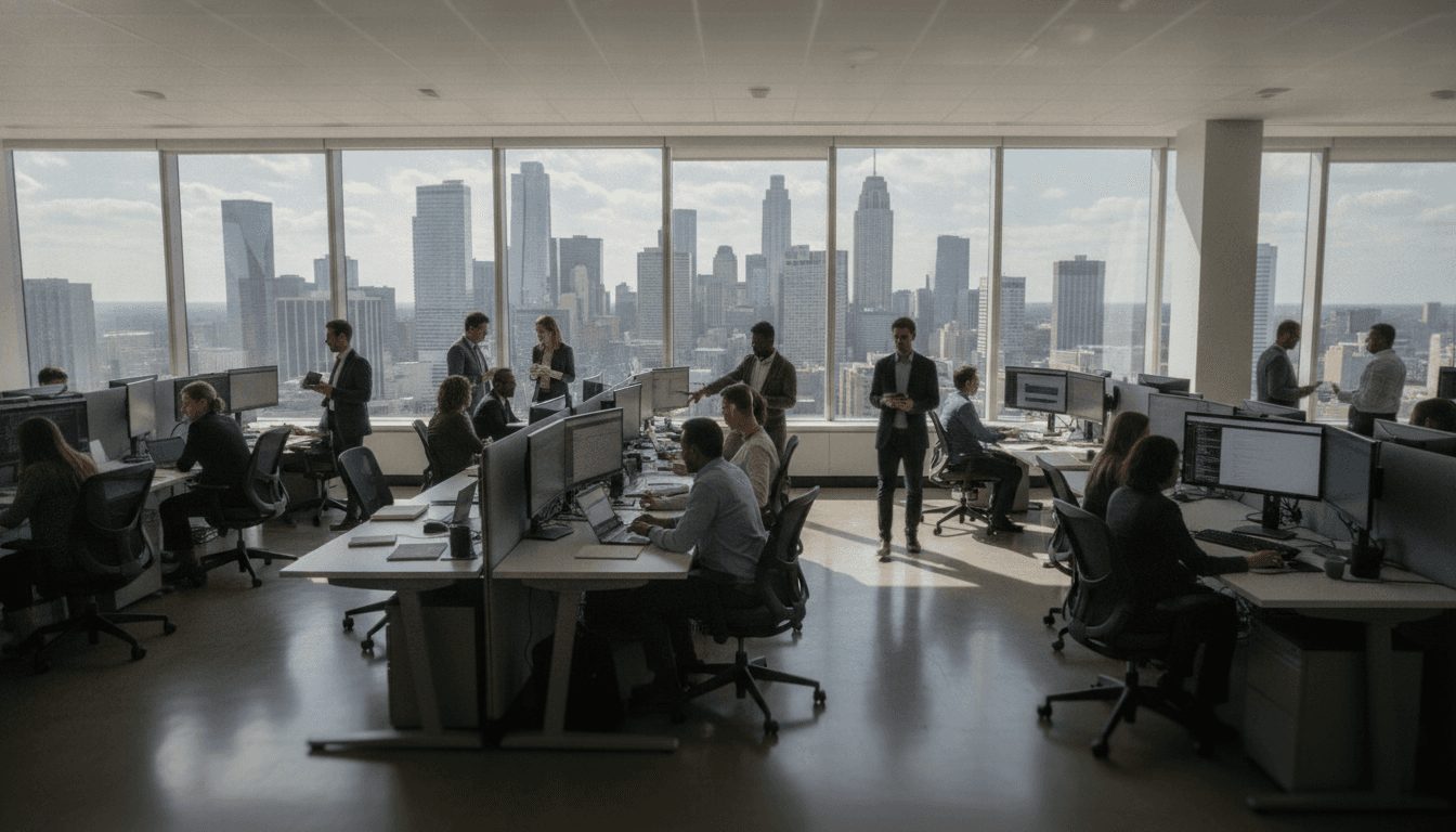 A diverse group of professionals in a modern office setting, looking at digital screens, symbolizing the global talent pool central to America's H-1B debate.
