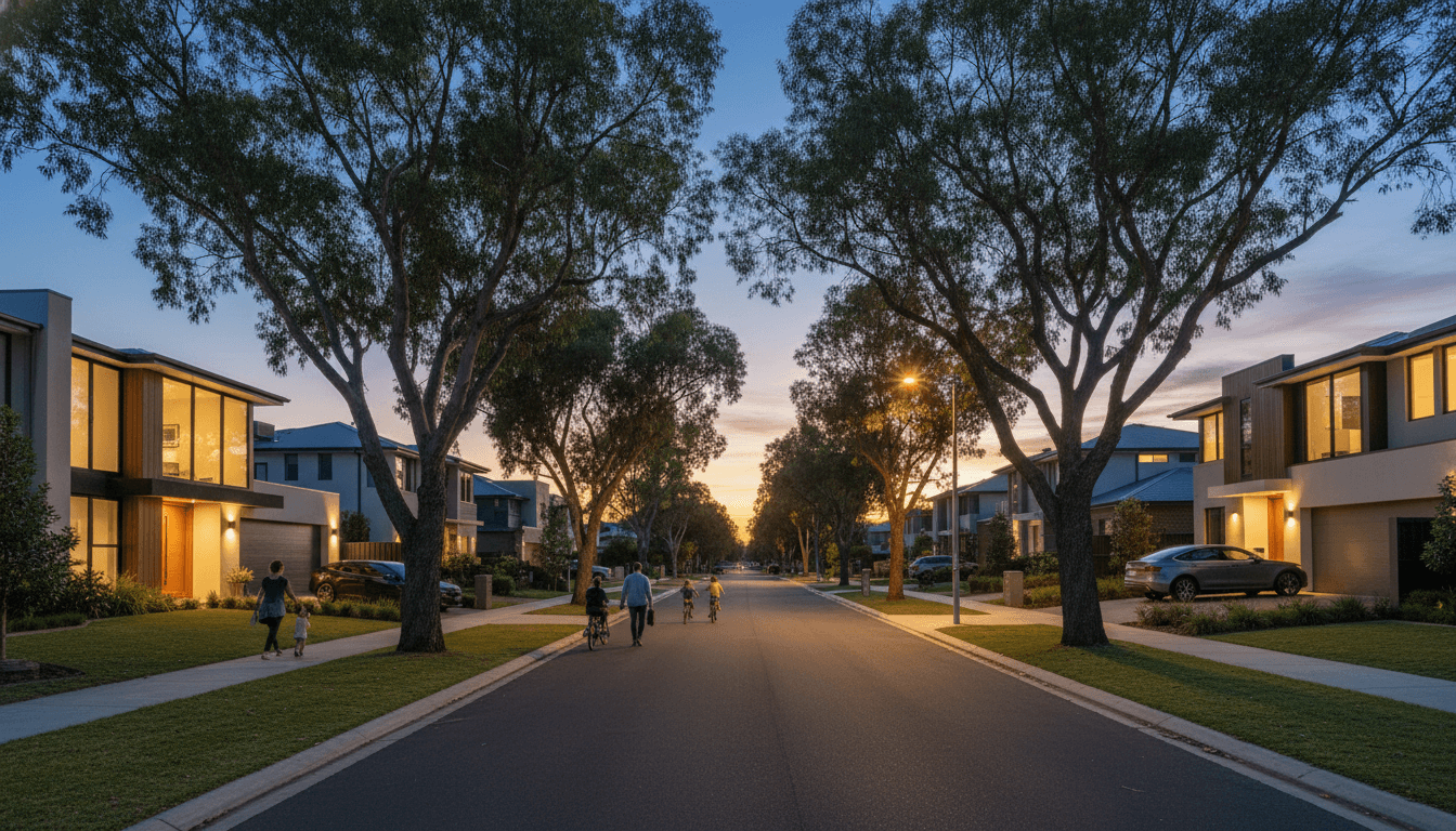 An aerial view of a suburban Australian street at twilight, with houses featuring well-maintained gardens, emphasizing the significant equity gains experienced by homeowners in 26 property markets where values rose by $100,000-plus in a year.