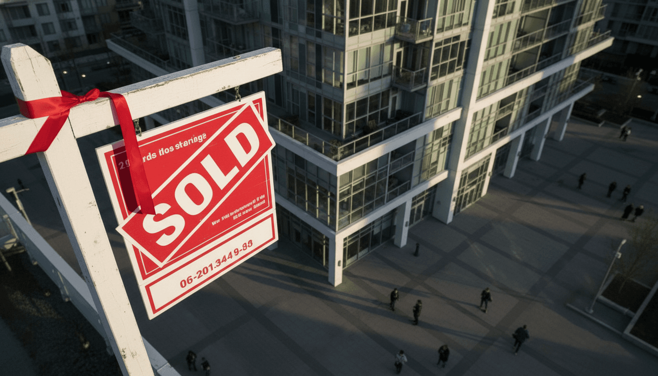 A close-up of a 'Sold' sign with a red ribbon, slightly askew, in front of a modern Vancouver condominium building, reflecting the recent downturn in Vancouver-area home sales and the lagging condo market.