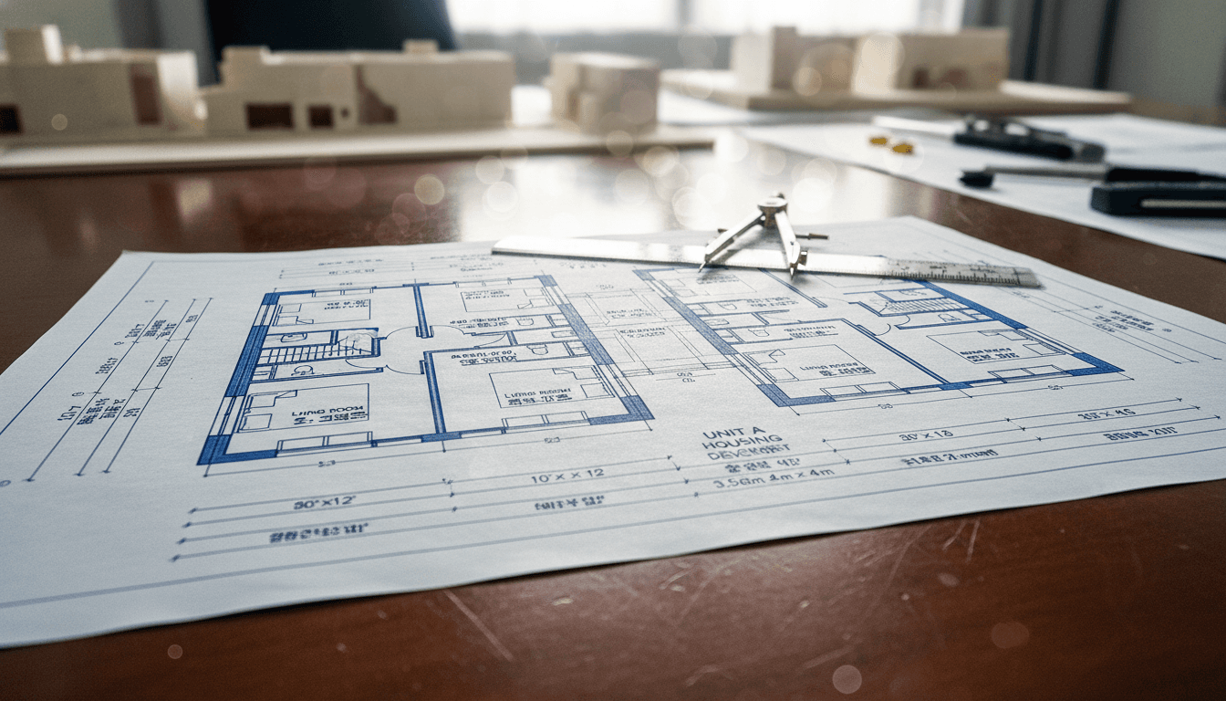 Close-up of an architect's blueprint for a modern residential building, featuring intricate details of apartment layouts and amenities, symbolizing the development of the Korea Living Venture in Seoul.