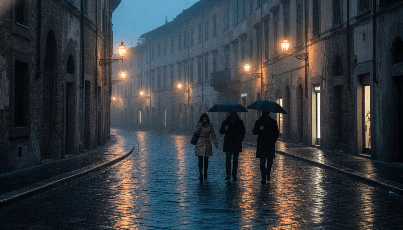 A bustling Italian city street at dusk, with lights from apartment buildings reflecting on wet cobblestones, emphasizing Italian housing market growth.