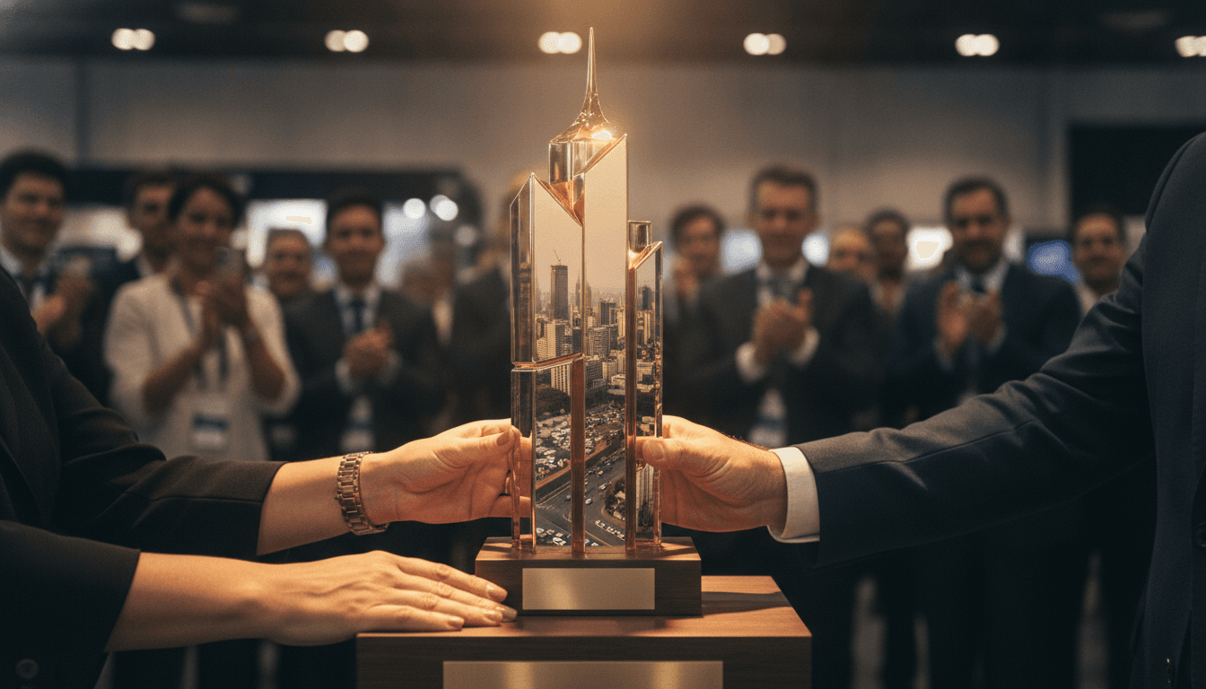 Mshel Homes named Property Development Company of the Year award trophy being held up at a ceremony.