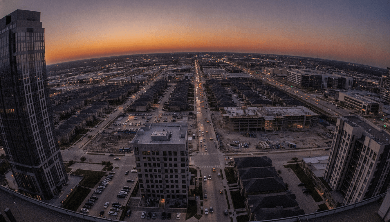 A wide aerial shot of the Dallas-Fort Worth housing market, showing suburban homes, new construction, and commercial areas under a clear sky.