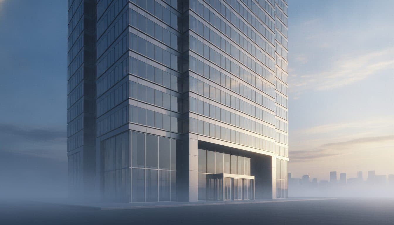 An empty, modern office building facade with the name Drekford subtly visible, under a clear morning sky, symbolizing Drekford wins real estate award and expansion.