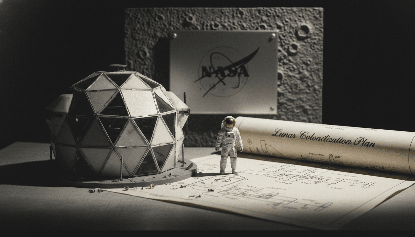 A detailed still life composition featuring a miniature lunar habitat model, a blueprint scroll titled 'Lunar Colonization Plan', a small astronaut figurine, and a stylized NASA logo plaque, set against a subtle lunar surface backdrop, emphasizing the new Moon colonization leader.