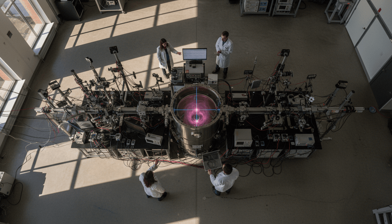 A laser beam, representing photons, passing through a glowing cloud of rubidium atoms during a quantum experiment on rubidium atoms, with advanced detectors capturing subtle temporal shifts.