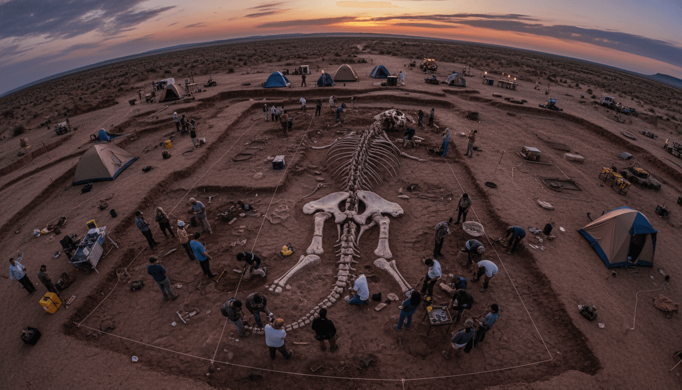 An aerial view of a meticulously excavated T. rex fossil discovery site in a arid, rocky landscape.