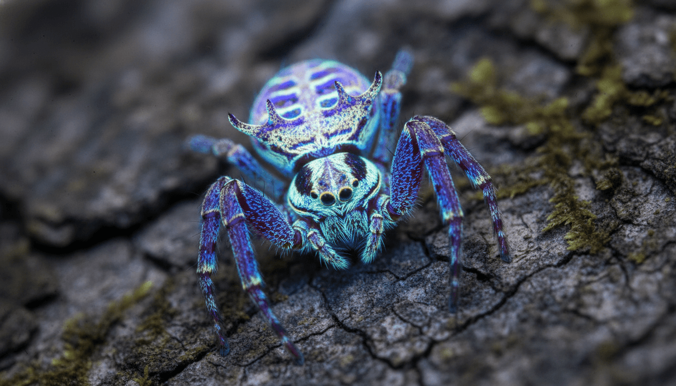 A close-up of a crowned crab spider, a new fluorescent spider species, under UV light on a dark background.