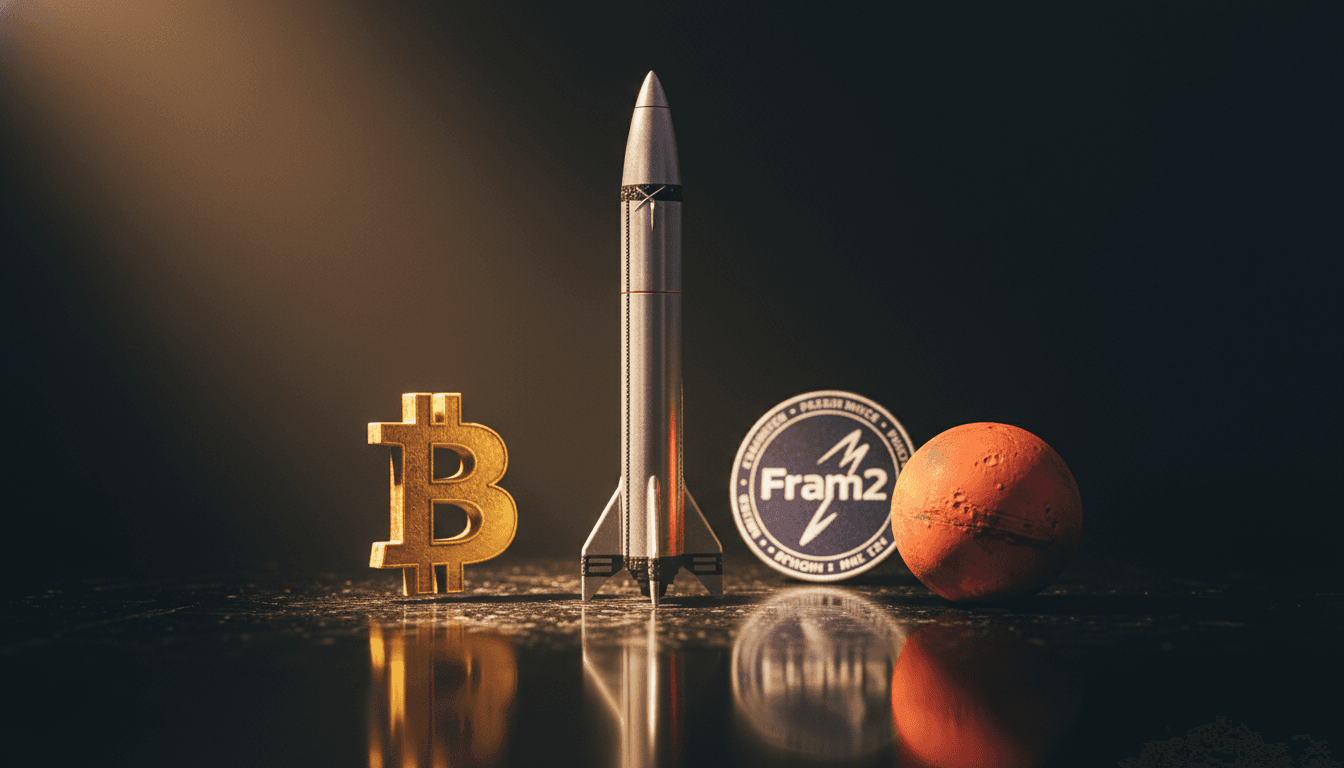 A detailed still life composition featuring a miniature SpaceX Starship rocket model, a stylized Bitcoin logo, a replica of a Fram2 mission patch, and a small globe of Mars, all arranged on a polished, dark surface with subtle ambient lighting, symbolizing the journey of cryptocurrency billionaire Chun Wang.
