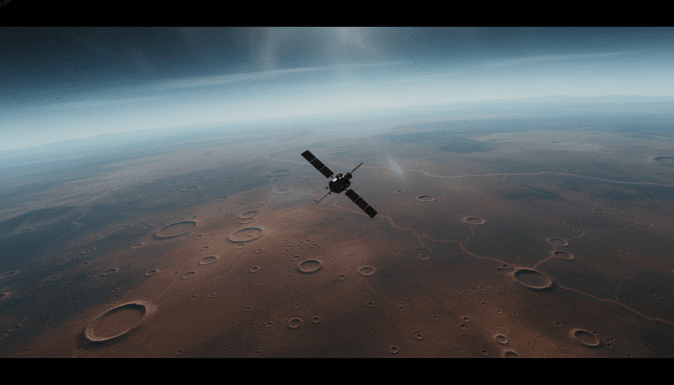 An artist's impression of the MAVEN Mars orbiter, a defunct spacecraft, slowly descending towards the Red Planet's dusty surface.